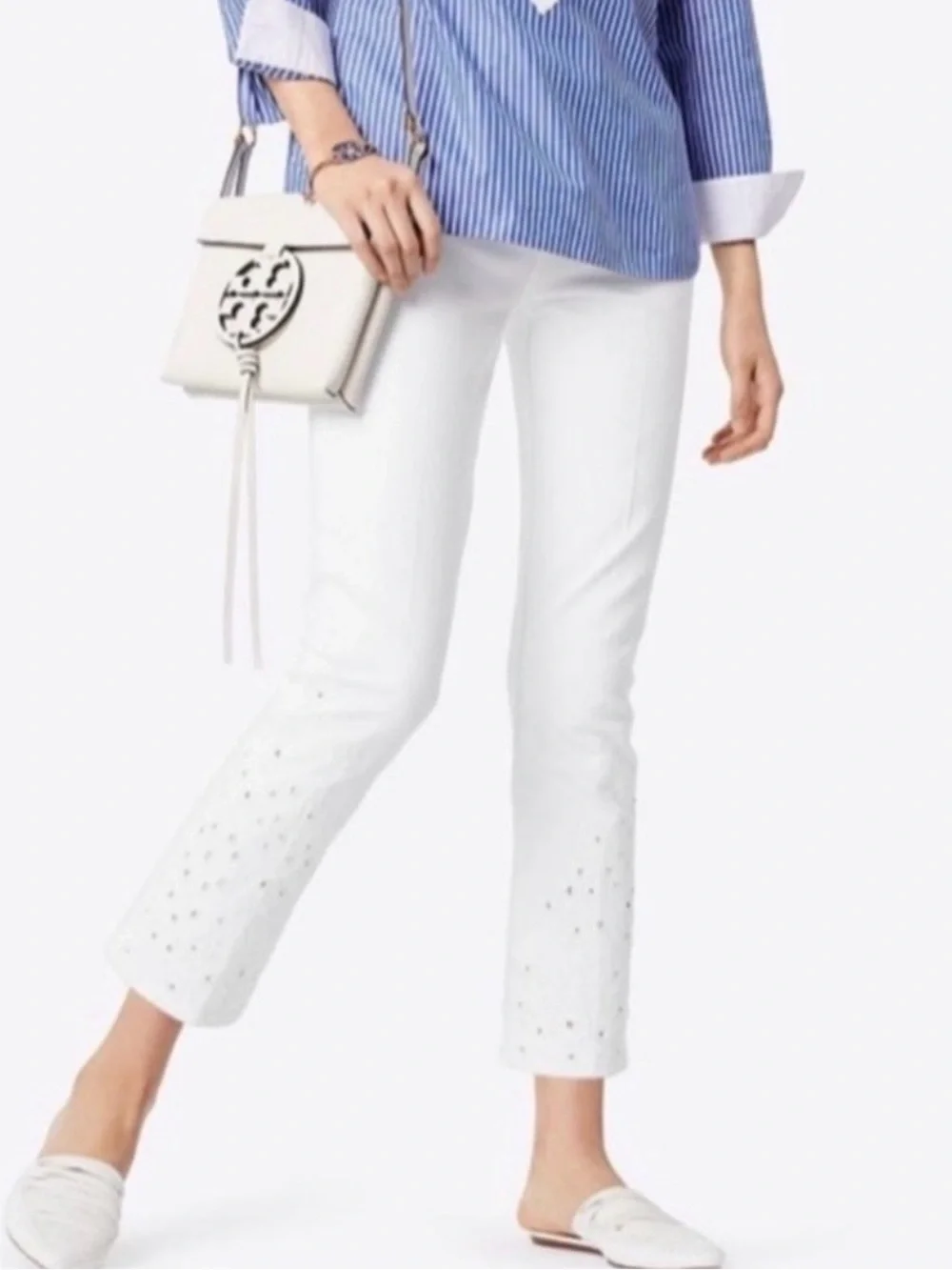 Tory Burch Kiera Straight Leg Embroidered Jeans // White // 27